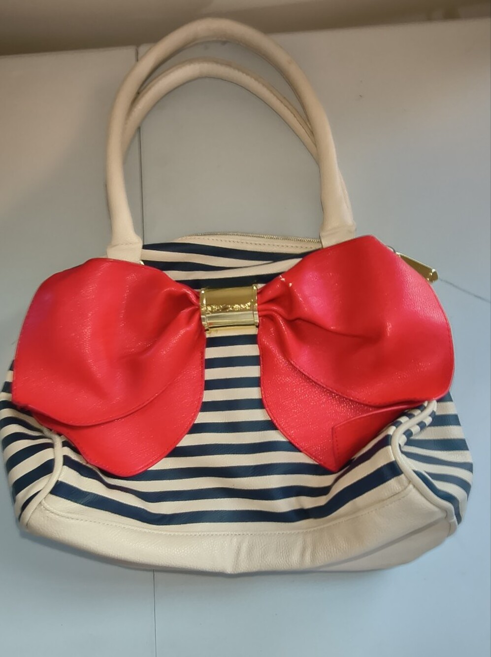 Betsey Johnson Striped Navy & White Tote with Red Bow Accent
